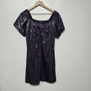 PatBO Purple Metallic Ruched Mini Dress Size 2 Shimmer‎ Puff Sleeve Whimsy Goth